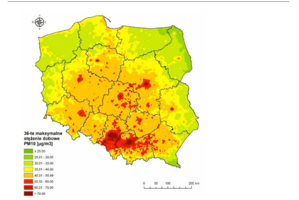 Stopień zanieczyszczenia w poszczególnych regionach w Polsce
