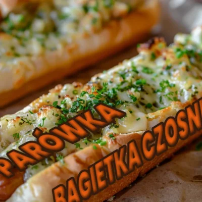 bagietka czosnkowa z parówką, tak zwany czosndog z dodatkami
