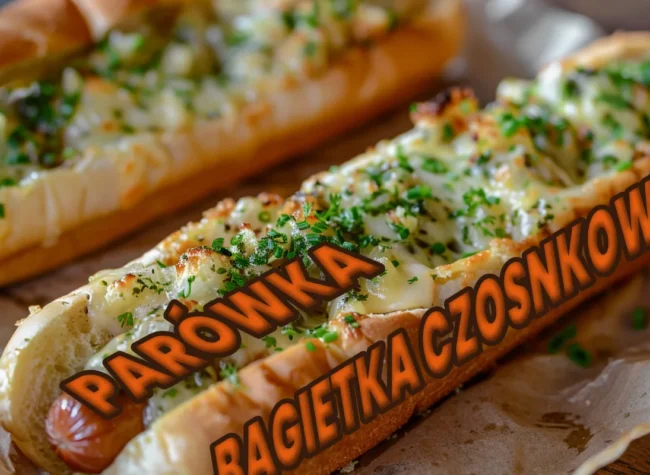 bagietka czosnkowa z parówką, tak zwany czosndog z dodatkami