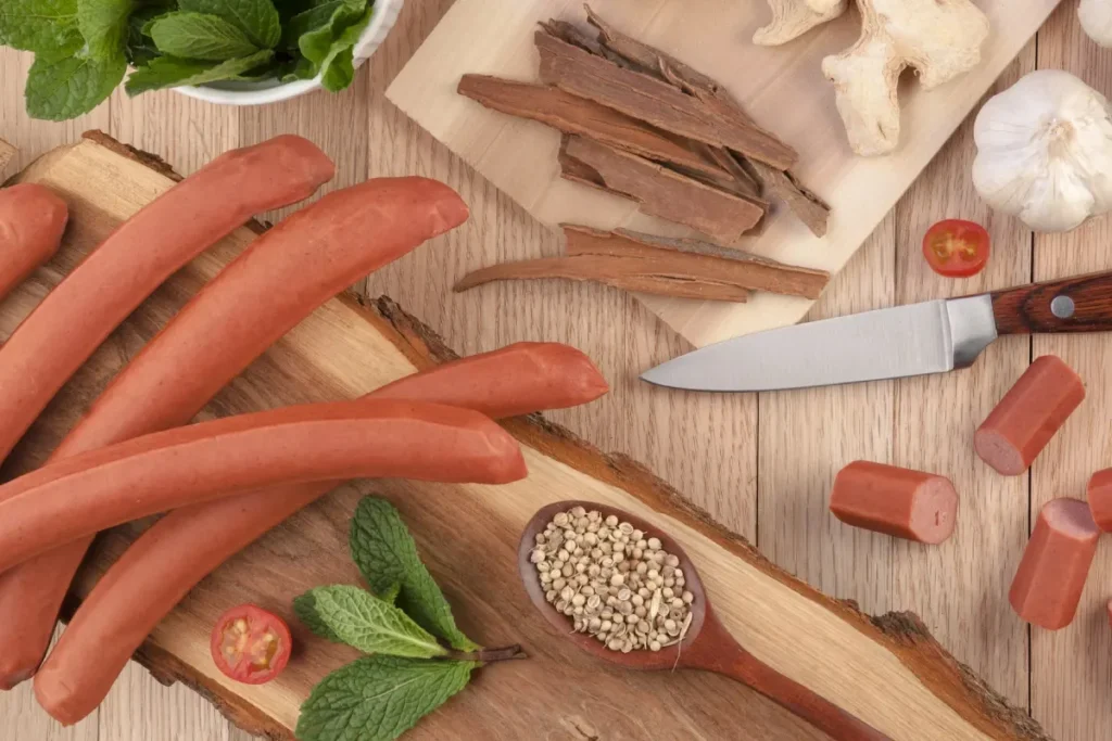parówki pokrojone i przygotowane na naturalnej desce do krojenia z przyprawami czy jednym pomidorkiem