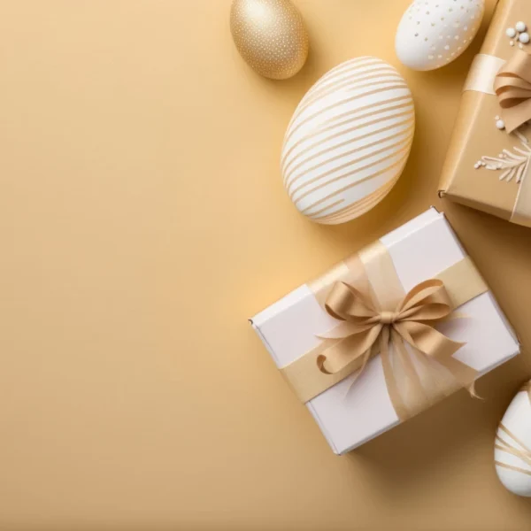 prezenty na Wielkanoc i jajka na złotym tle, na którym wciąż dominuje złoto i biel