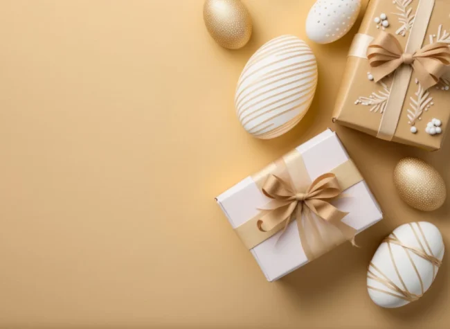 prezenty na Wielkanoc i jajka na złotym tle, na którym wciąż dominuje złoto i biel
