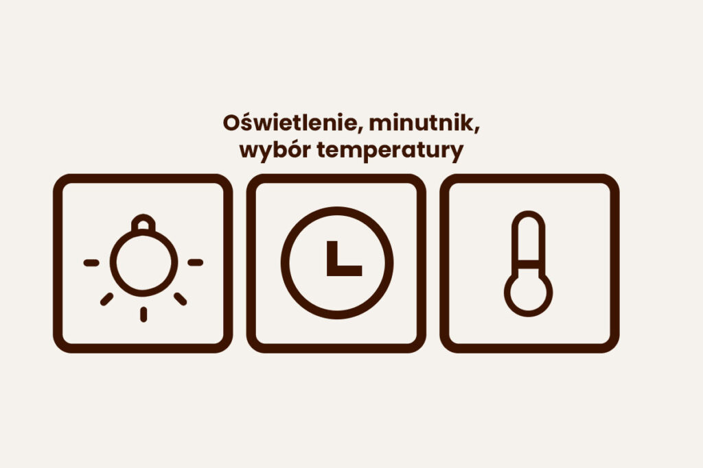 oznaczenie oświetlenia, minutnika i wyboru temperatury na piekarniku