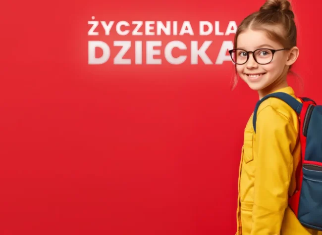 życzenia na dzień dziecka z dzieckiem o rudych włosach na czerwonym tle z napisem