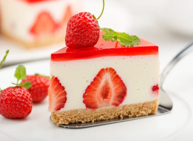 sernik na zimno z truskawkami w środku i galaretką