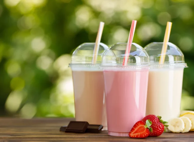 różne rodzaje smaków shake'a czekoladowego truskawkowego oraz bananowego