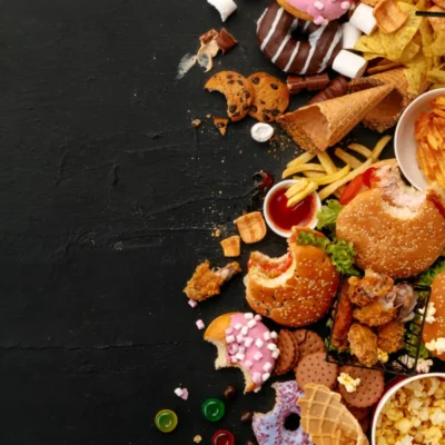 najbardziej kaloryczne jedzenie na szarym tle chipsy burgery pączki i lody