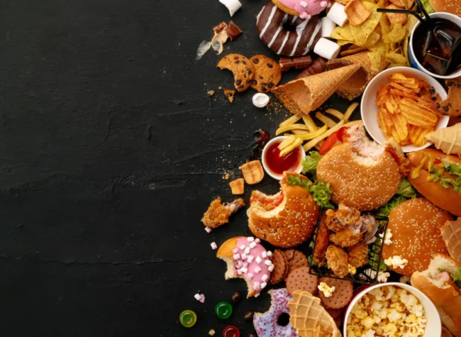 najbardziej kaloryczne jedzenie na szarym tle chipsy burgery pączki i lody