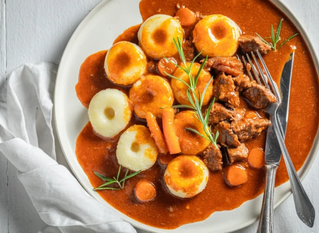 ile gotować kluski śląskie do sosu na talerzu z widelcem i nożem