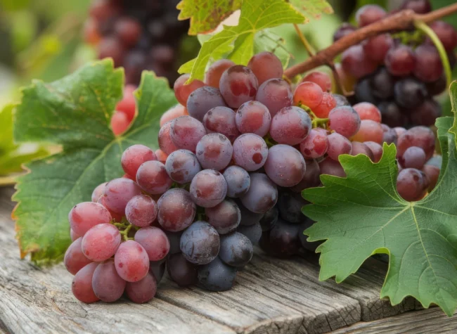 winogrona na drewnianym stole