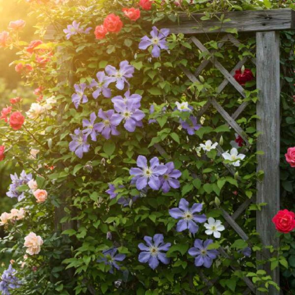 Clematis i róże wspinające się po pergoli w promieniach słońca
