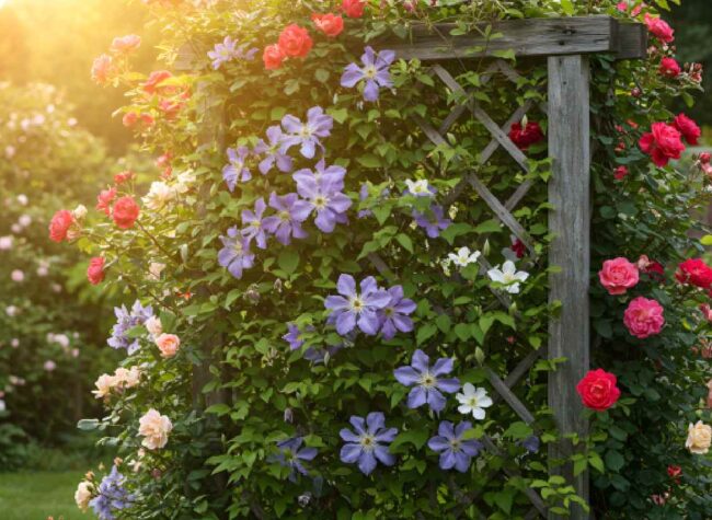 Clematis i róże wspinające się po pergoli w promieniach słońca