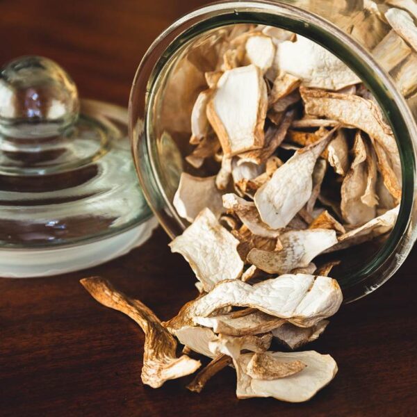 Suszone grzyby przechowywane w szklanym słoiku z pokrywką