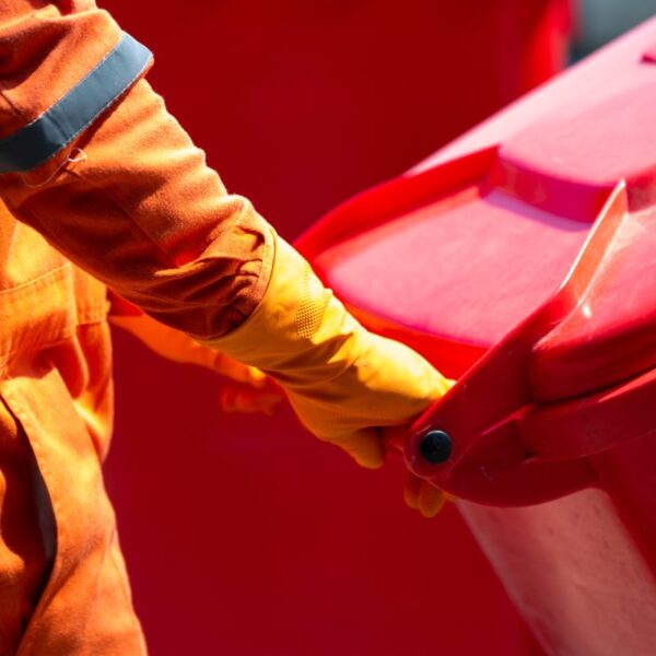 Pracownik w pomarańczowym uniformie i żółtych rękawicach przesuwa czerwony pojemnik na odpady.