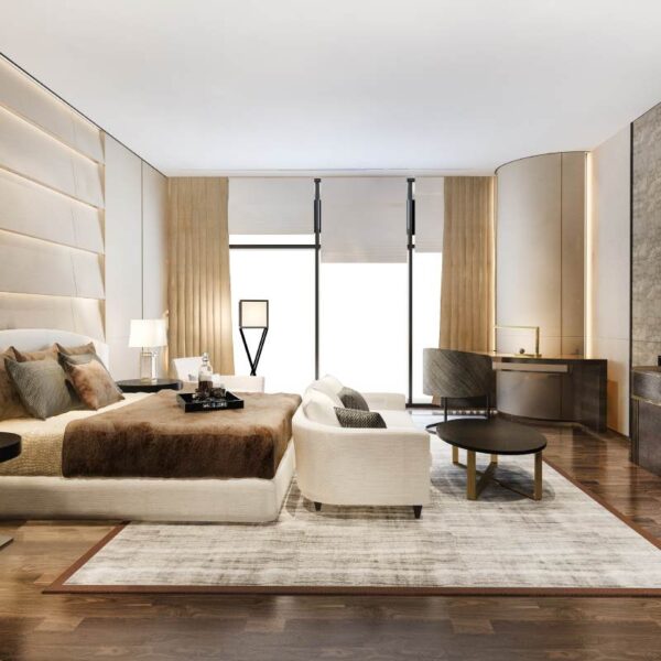 Duża sypialnia z luksusowym wystrojem i telewizorem wkomponowanym w ścianę