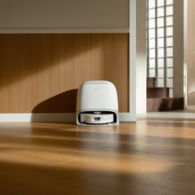 Robot sprzątający Roborock Qrevo Curv 2 Flow zaparkowany w stacji przy ścianie