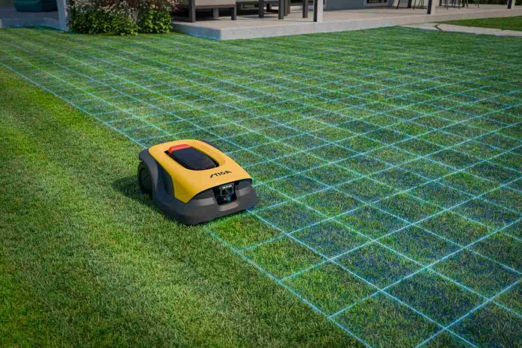 STIGA Vista koszący ogród z widoczną siatką planowania trasy